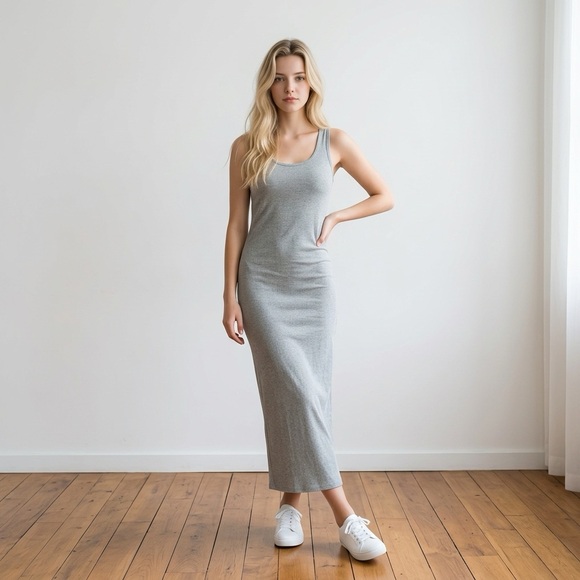 Rouge! Dresses & Skirts - Rouge Ribbed Tank Maxi Dress 2X Minimalist Bodycon Lounge Gray Summer Skandigirl